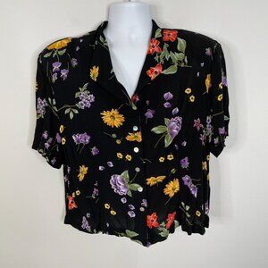 Casual Corner Top Womens 24WP Black Floral Shell Buttons Blouse Ladies VTG
